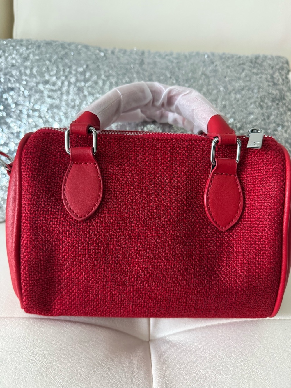 Designer inspired Ch@nel Red Mini Top-Handle Bowling Bag - Picture 3 of 5